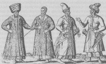 Одежда русских и татар (иллюстрация из книги Герберштейна «Записки о Московии»).