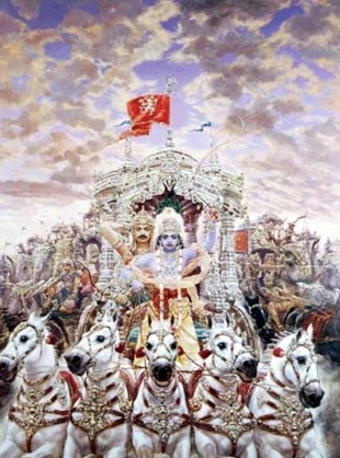 В битве на поле Куру Кришна стал возничим Арджуны.