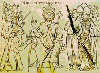 Оттон I Великий принимает капитуляцию Беренгара II (стоит на коленях).