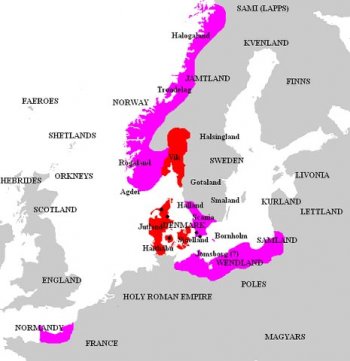 Такой Готфриду Датскому виделась его языческая империя (красным обозначена Дания, фиолетовым – её союзники и сателлиты).