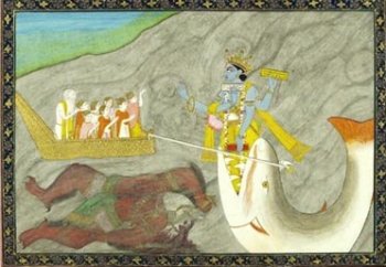 Рыба джхаша буксирует корабль с Ману и праведниками во время Потопа.
