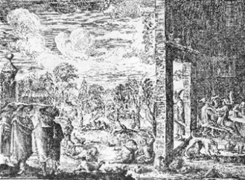 Рисунок Адама Олеария, изображающий кабак с его обитателями.