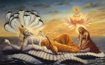 Вишну почивает на кольцах тысячеглавого вселенского змея Шеши.
