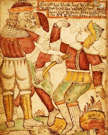 Локи (в центре) направляет руку слепого бога случая Хеда и тот убивает любимца богов Бальдра побегом омелы.