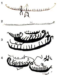Наскальные рисунки лодок на побережье Каспия (Гобустан) свидетельствуют об уровне мореходства: 1 и 2 – плоскодонные лодки (8–9 тысяч лет назад); 3 и 4 – морские суда (7–8 тысяч лет назад)