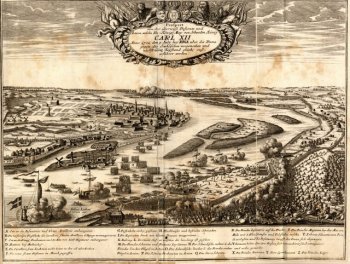 Переправа шведского войска через Двину.  9 июля 1701г. шведы форсировали р. Двина и разбили 20-тысячное саксонское войско Августа, находившееся на южном берегу реки. Гравюра  Ю. Лихена