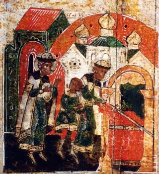В Крестовоздвиженском храме князю Петру является отрок и показывает Агриков меч, лежащий в расщелине алтарной стены 