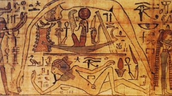 Бог земли Геб (нижняя фигура), над ним причудливо изогнулась его супруга богиня неба Нут, между ними в ладье проплывает бог солнца Ра.  