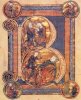 В одном инициале — три изображения Давида: он побеждает великана Голиафа, принимает от Самуила благословение на царство и играет на арфе. Псалтирь. Франция, 1240-е годы.