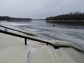 На пристани в Лесопарке Рязани под тяжестью льда погнулись металлические перила 