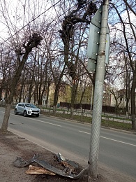 В Рязани на улице Есенина после ДТП кусок дерева остался висеть на проводах