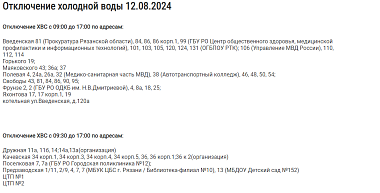 В Рязани 12 августа отключат воду на 11 улицах